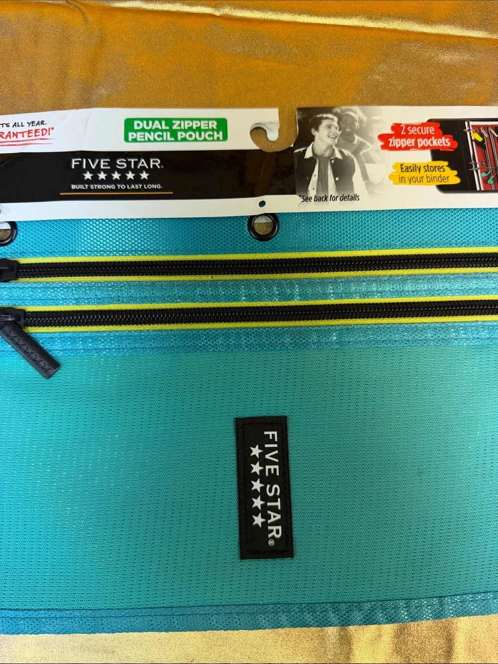 Five Star Teal Dual-Zipper Pencil Pouch with Yellow Accents